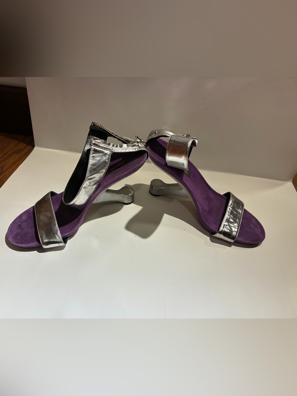 Metallic Silver Open-Toe Heels with Purple Insole and cut out heel